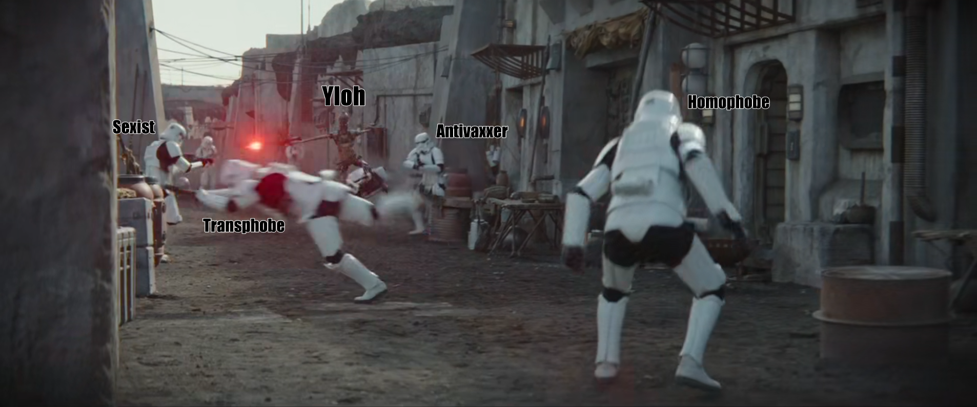The meme is a humorous image featuring a scene from the Star Wars franchise, specifically from the movie "The Mandalorian". The image shows a Stormtrooper being attacked by a creature, but instead of the creature, it's actually a person in a Stormtrooper costume. The text overlay on the image reads "When you finally get to the point where you realize you're just a Stormtrooper in a galaxy far, far away...".